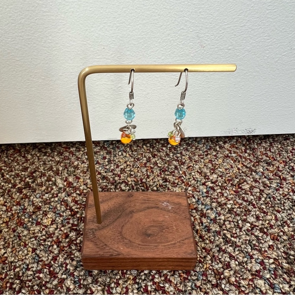 Blue orange crystal dainty lightweight dangle drop earrings silver tone